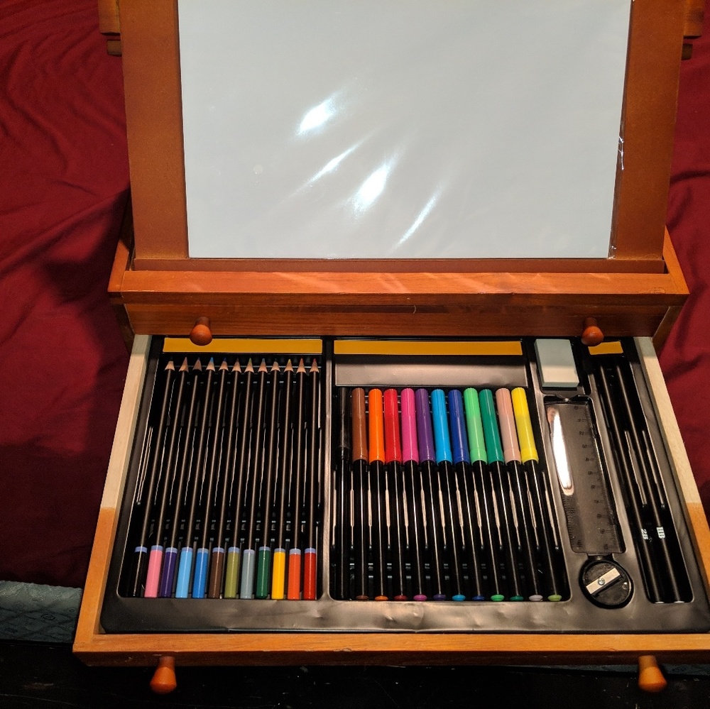 Drawing Set Color Pen Wooden Box with Easel Paintb